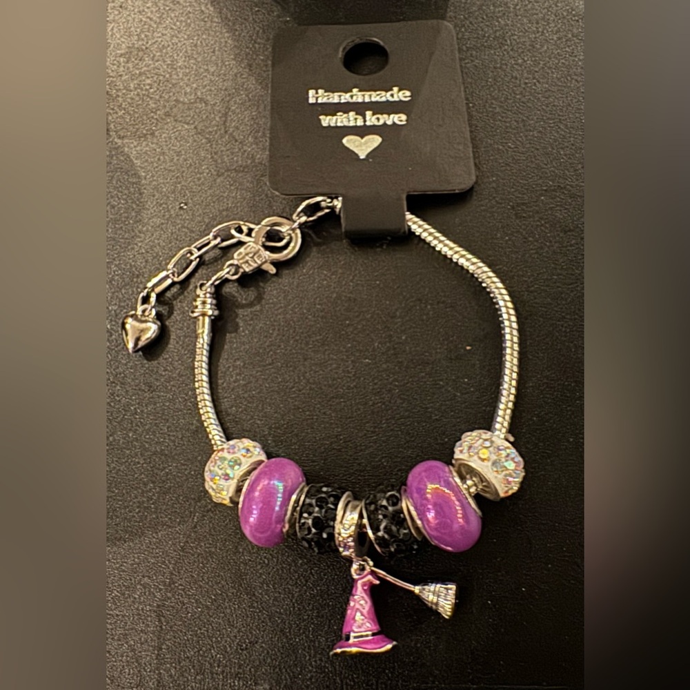 Halloween Handcrafted Witch Hat & Broom Bracelet Purple & Silver Adjustable